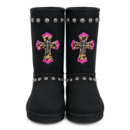 Chrome Hearts Black Leopard Cross Studded Winter Boots