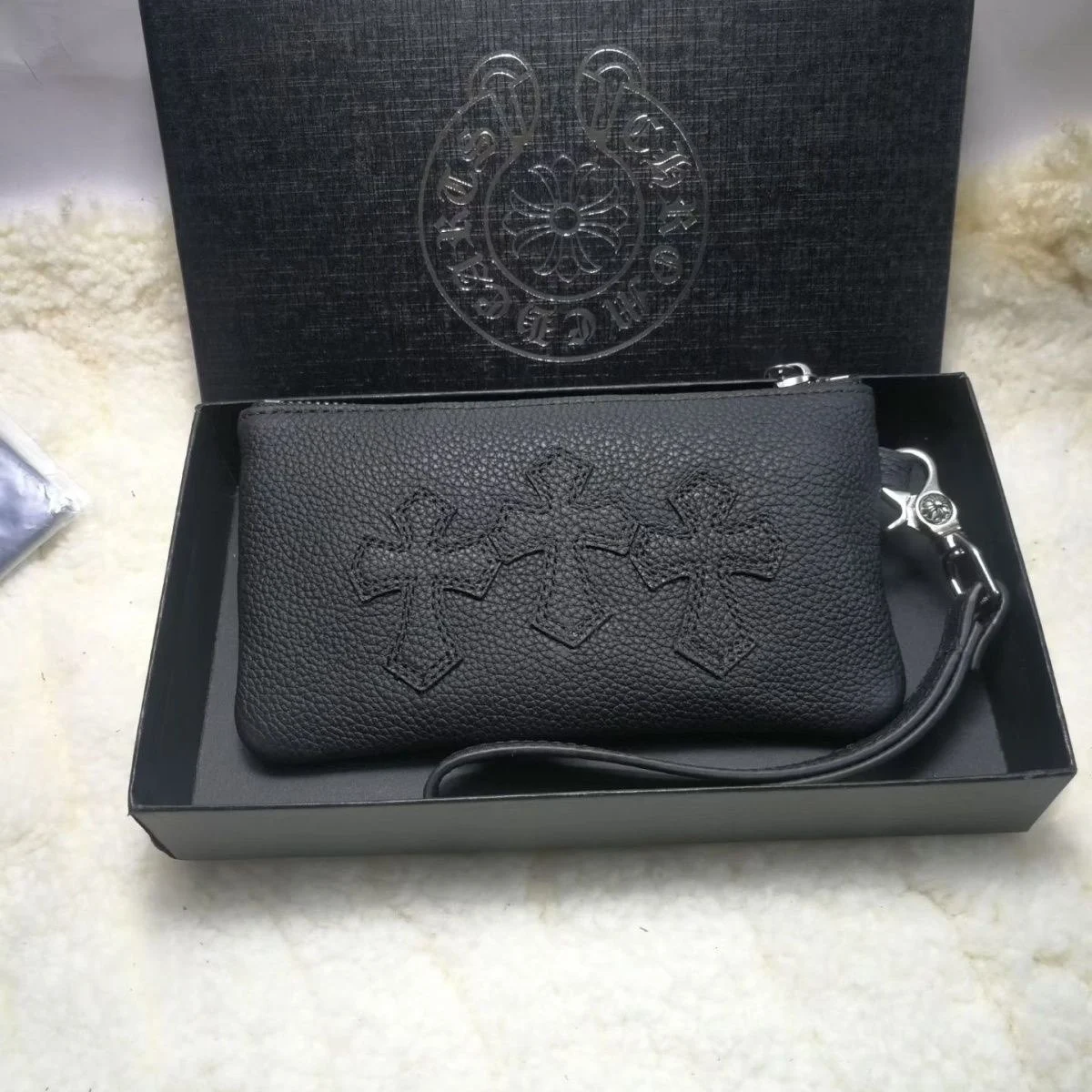 Chrome Hearts Black Triple Cross Leather Wristlet Wallet New Chrome Hearts Black Triple Cross Leather Wristlet Wallet