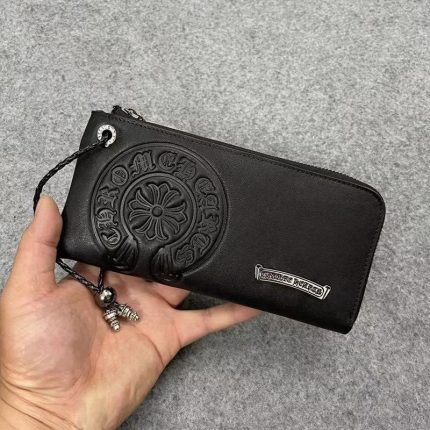 Chrome Hearts Long Black Leather Horseshoe Zip Wallet