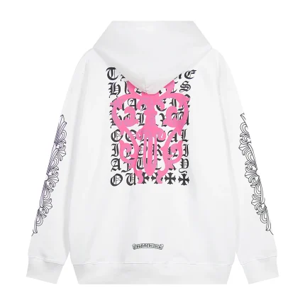 Chrome Hearts White Zip Hoodie With Pink Cross Leather Patch